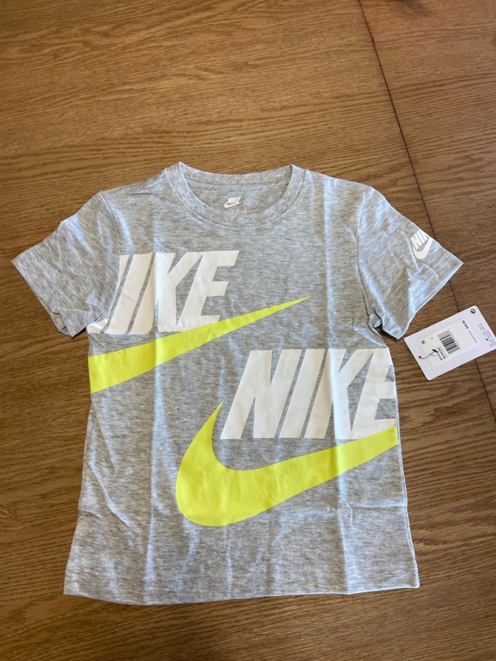 Nike Kids Gray Tee with Neon Yellow Swoosh Logo